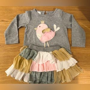 Mud Pie Gray & Pink Bird Tee & Ruffle Skirt